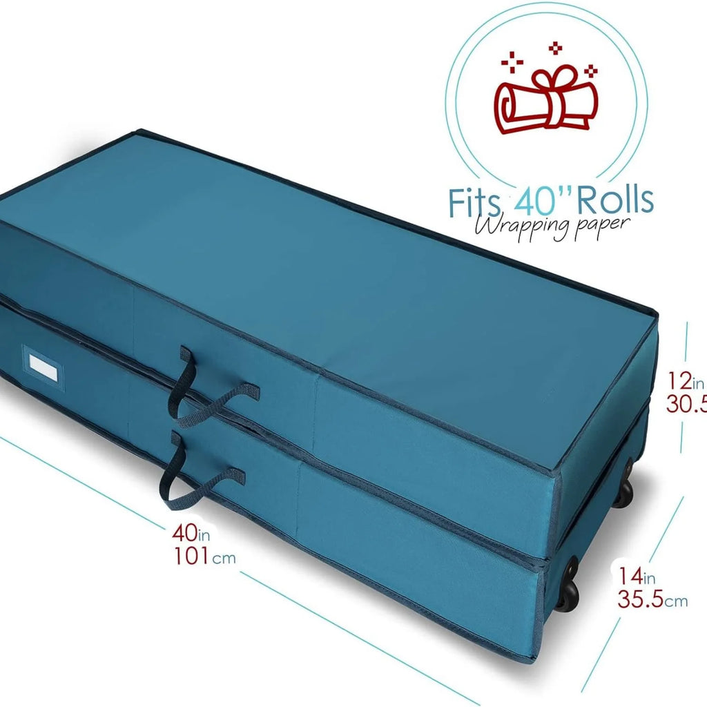 Wrapping Paper Storage Container with Ribbon Dispenser and Interior Pockets - Large Christmas Storage Containers with Wheels Fits 30 Rolls of 40" Length Blue