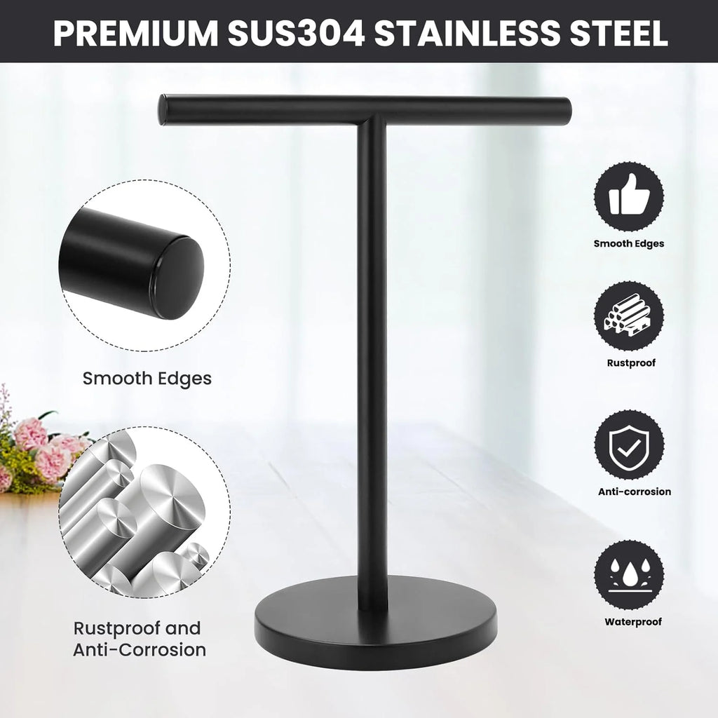 T-Shape Bath Hand Towel Holder Stand Stainless Steel Free Standing Hand Towel Rack with Heavy Base for Bathroom Kitchen &amp; Countertop Matte Black