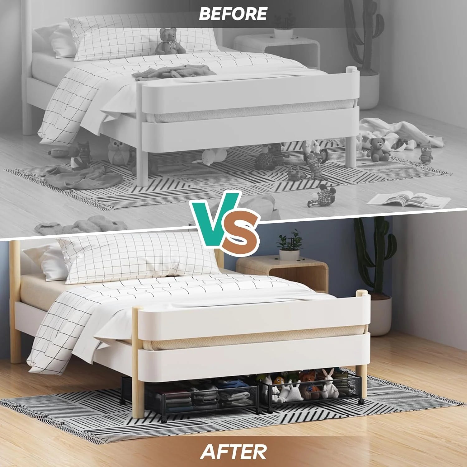 Under Bed Storage Containers with Wheels - Shoe Storage Organizer Drawer Tool-free Assembly Metal Underbed Storage Containers for Bedroom Clothes Shoes Blankets - 2Pack