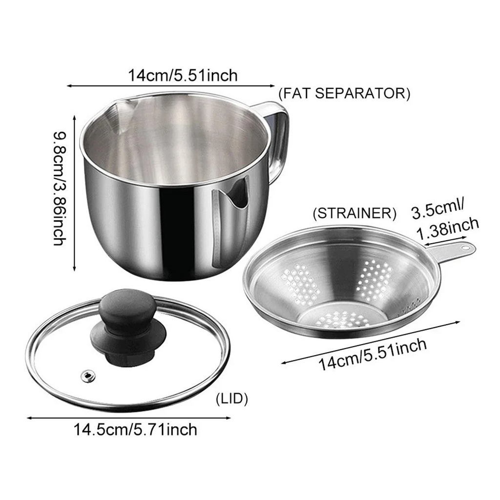Stainless Steel Fat Separator 1L/4 Cup Gravy Grease with Strainer and Glass Lid Soup Oil Cup