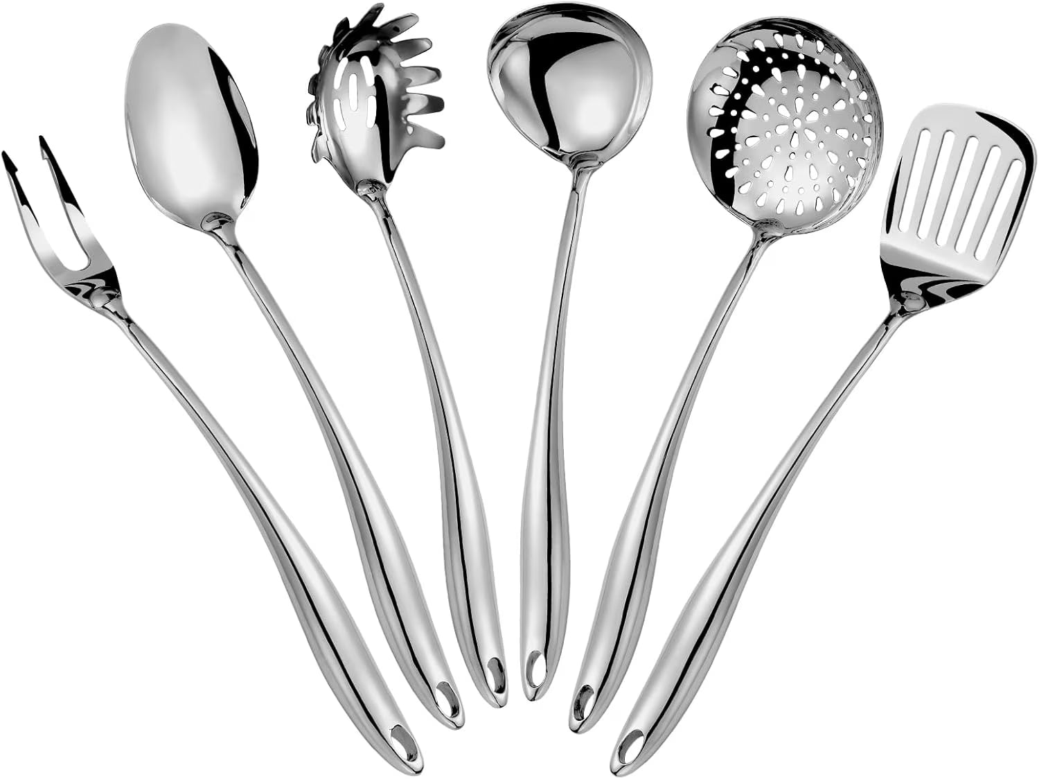 304 Stainless Steel Kitchen Utensils Set 6 Pcs Long Metal Cooking Utensil with Spatula Solid Spoon Ladle Skimmer Spaghetti Spoon Meat Fork Dishwasher Safe