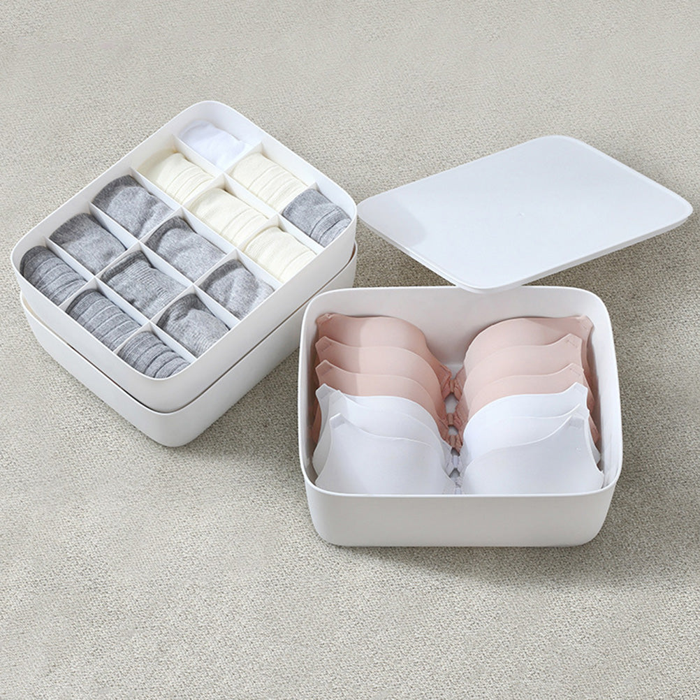 3pcs Underwear Storage Box Plastic Storage Basket Stackable Storage Container with 15-Compartment Divider for Bra Panties Socks(White)