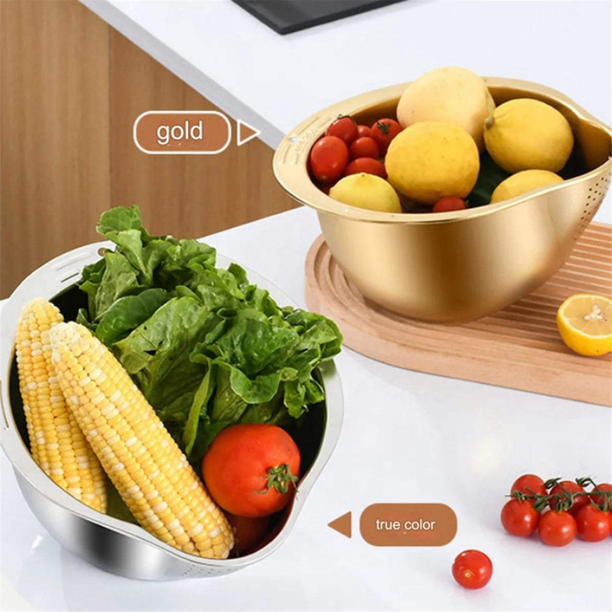 Rice Washer Strainer Bowl Stainless Steel Washing Colander Fruit and Vegetable Kitchen Tool A