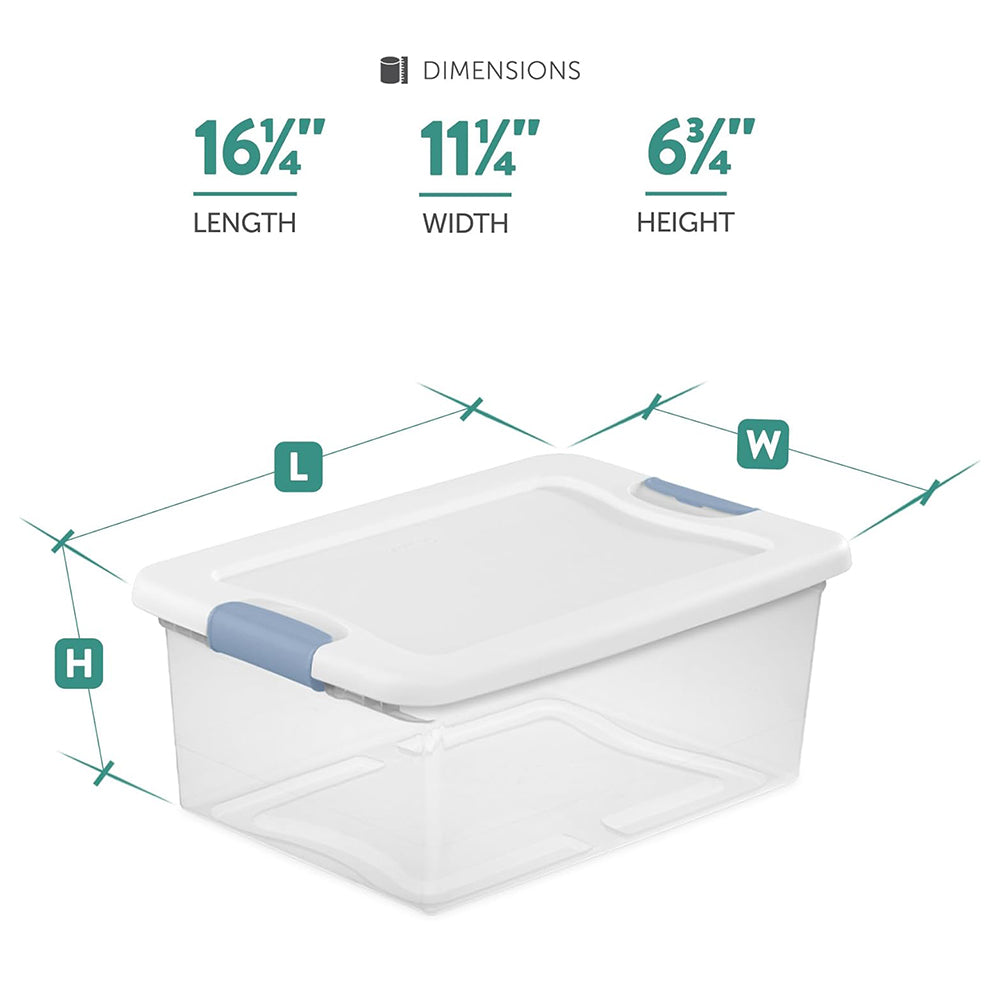 15 Qt Latching Storage Box Stackable Bin with Latch Lid Plastic Container to Organize Closet Shelf Clear with White Lid 12-Pack