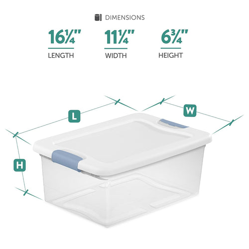 15 Qt Latching Storage Box Stackable Bin with Latch Lid Plastic Container to Organize Closet Shelf Clear with White Lid 12-Pack