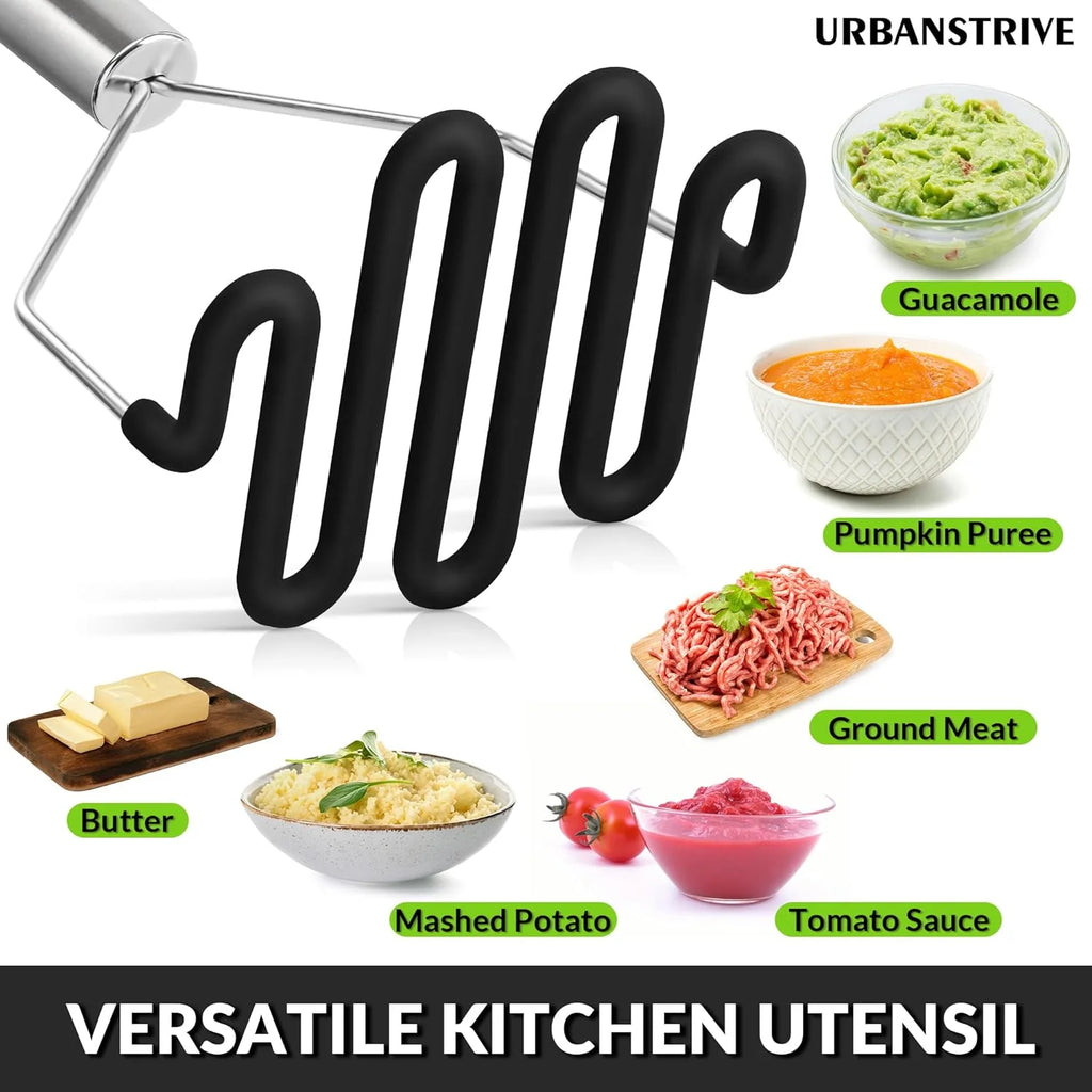 Non-Scratch Silicone Potato Masher Kitchen Tool Potatoes Masher Potato Masher Stainless Steel Wrapped In Premium Silicone Potato Smasher Black