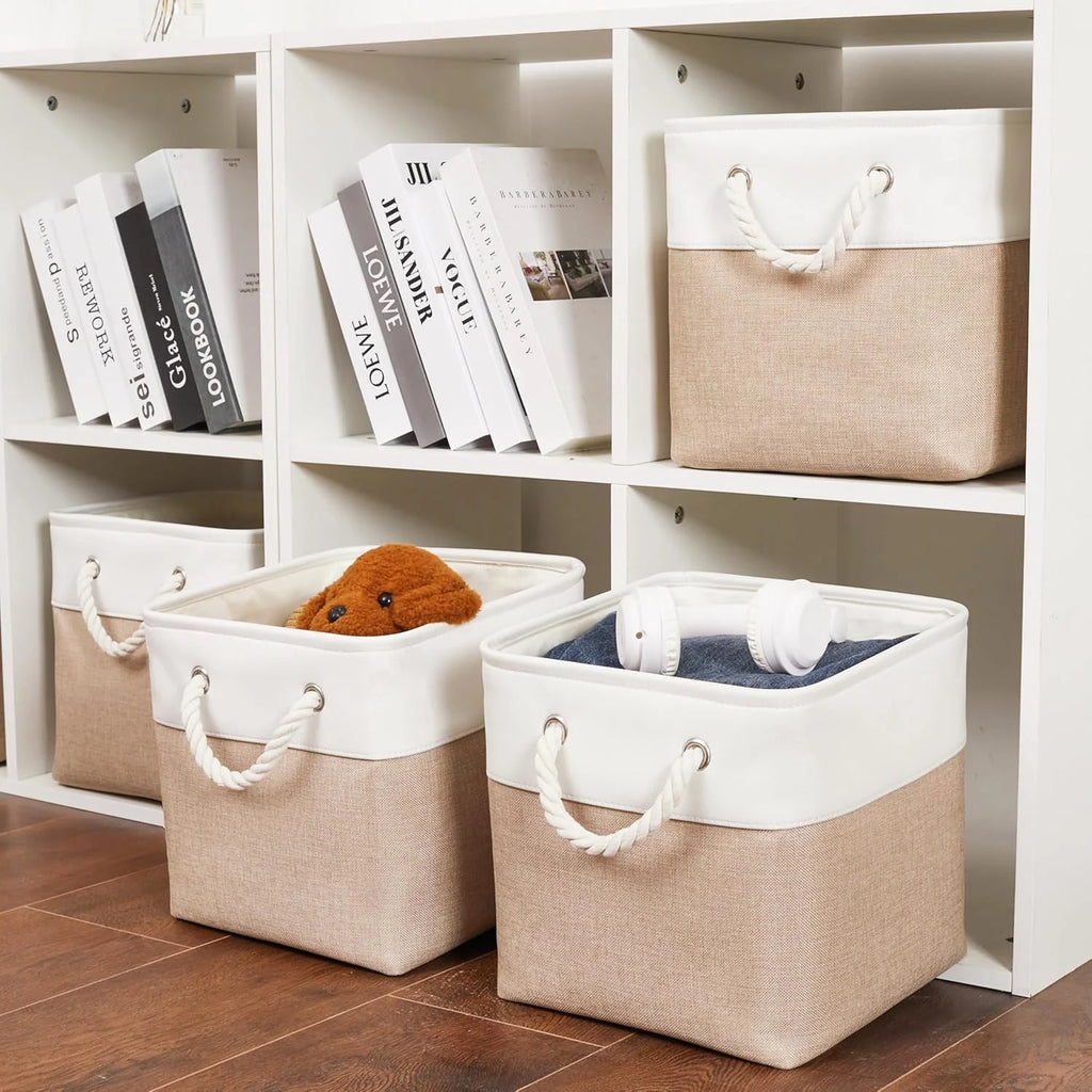 11 x 11 Inch Storage Cubes 6 Pack Large Collapsible Fabric Storage Bin White&amp;Beige
