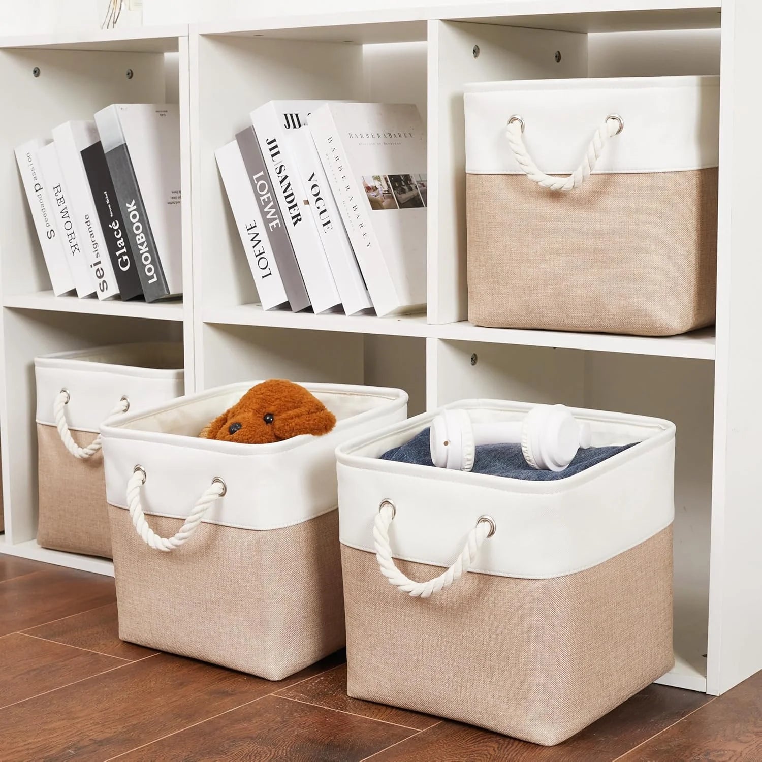 11 x 11 Inch Storage Cubes 6 Pack Large Collapsible Fabric Storage Bin White&amp;Beige