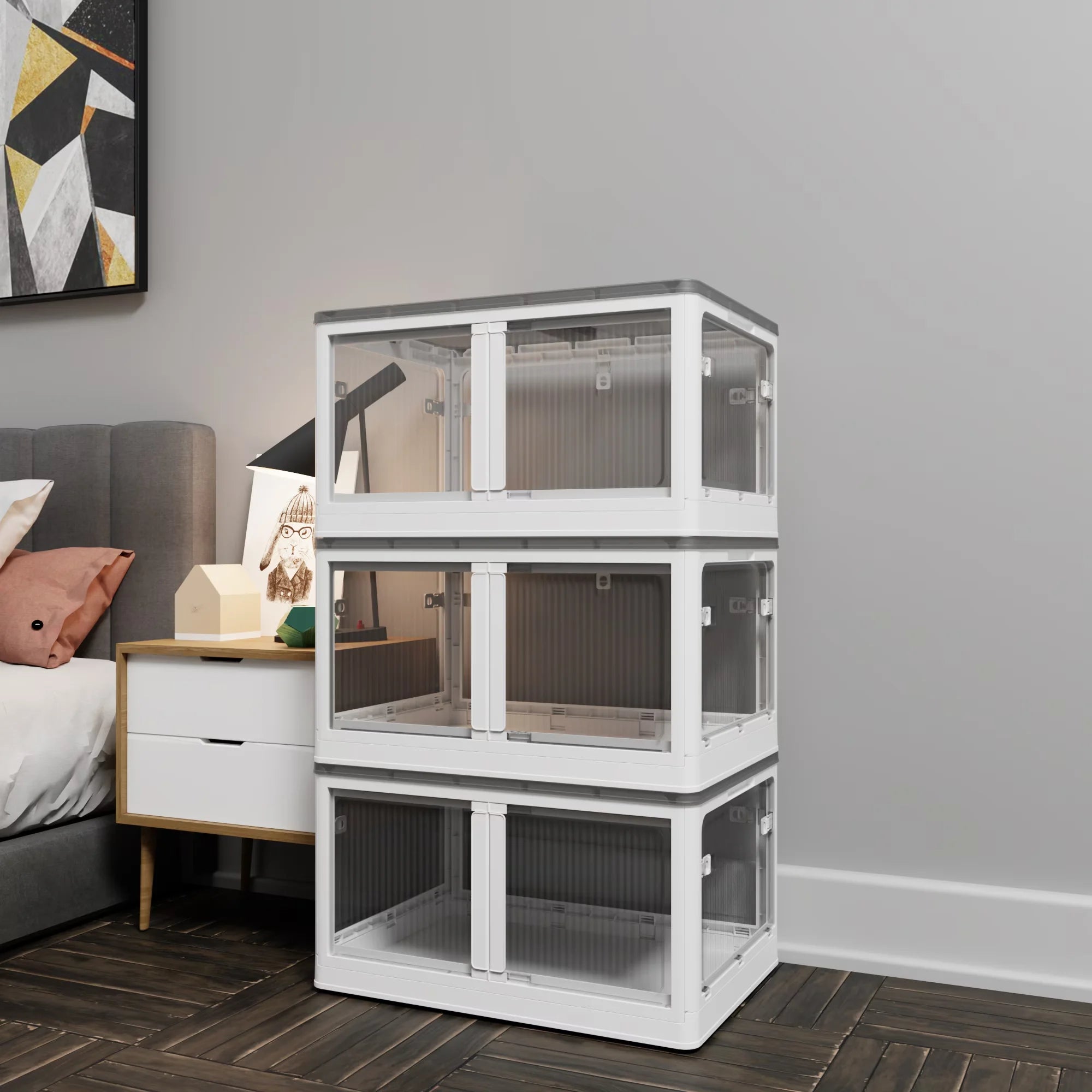 384QT 3-Pack Transparent Stackable Storage Bins with 5 Doors to Open with Wheels Folding Plastic Craft Containers Large Closet Organizers Box for Bedrooms Living Rooms Study Kids' Toys White