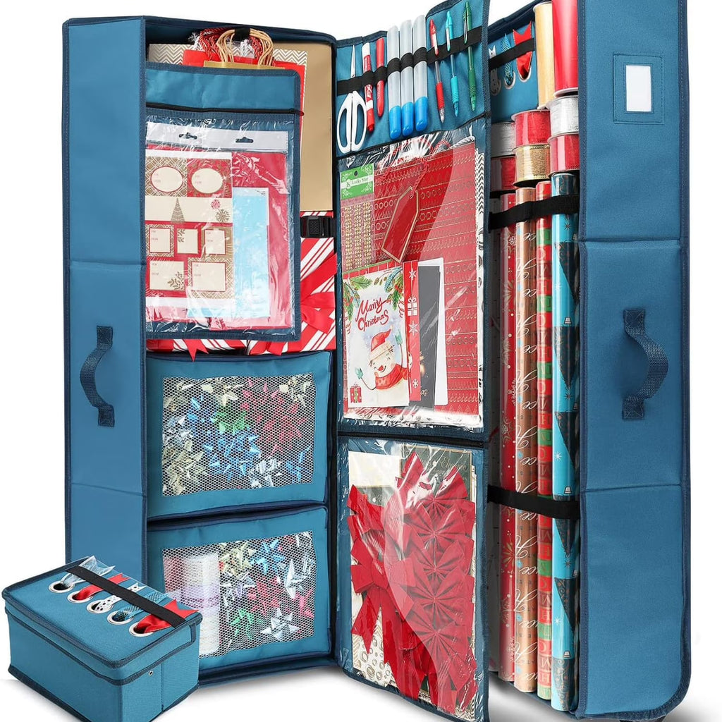 Wrapping Paper Storage Container with Ribbon Dispenser and Interior Pockets - Large Christmas Storage Containers with Wheels Fits 30 Rolls of 40" Length Blue
