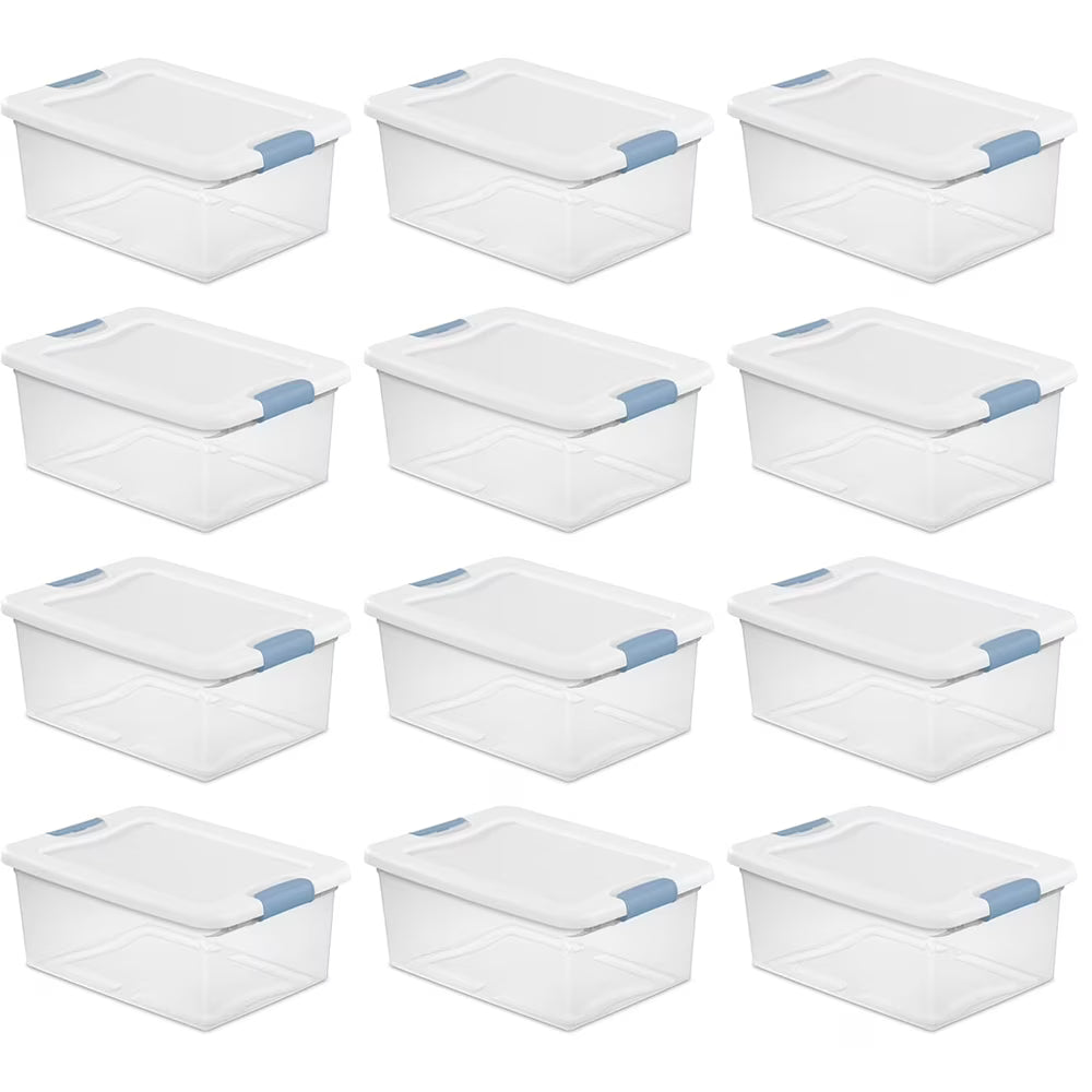 15 Qt Latching Storage Box Stackable Bin with Latch Lid Plastic Container to Organize Closet Shelf Clear with White Lid 12-Pack