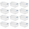 15 Qt Latching Storage Box Stackable Bin with Latch Lid Plastic Container to Organize Closet Shelf Clear with White Lid 12-Pack