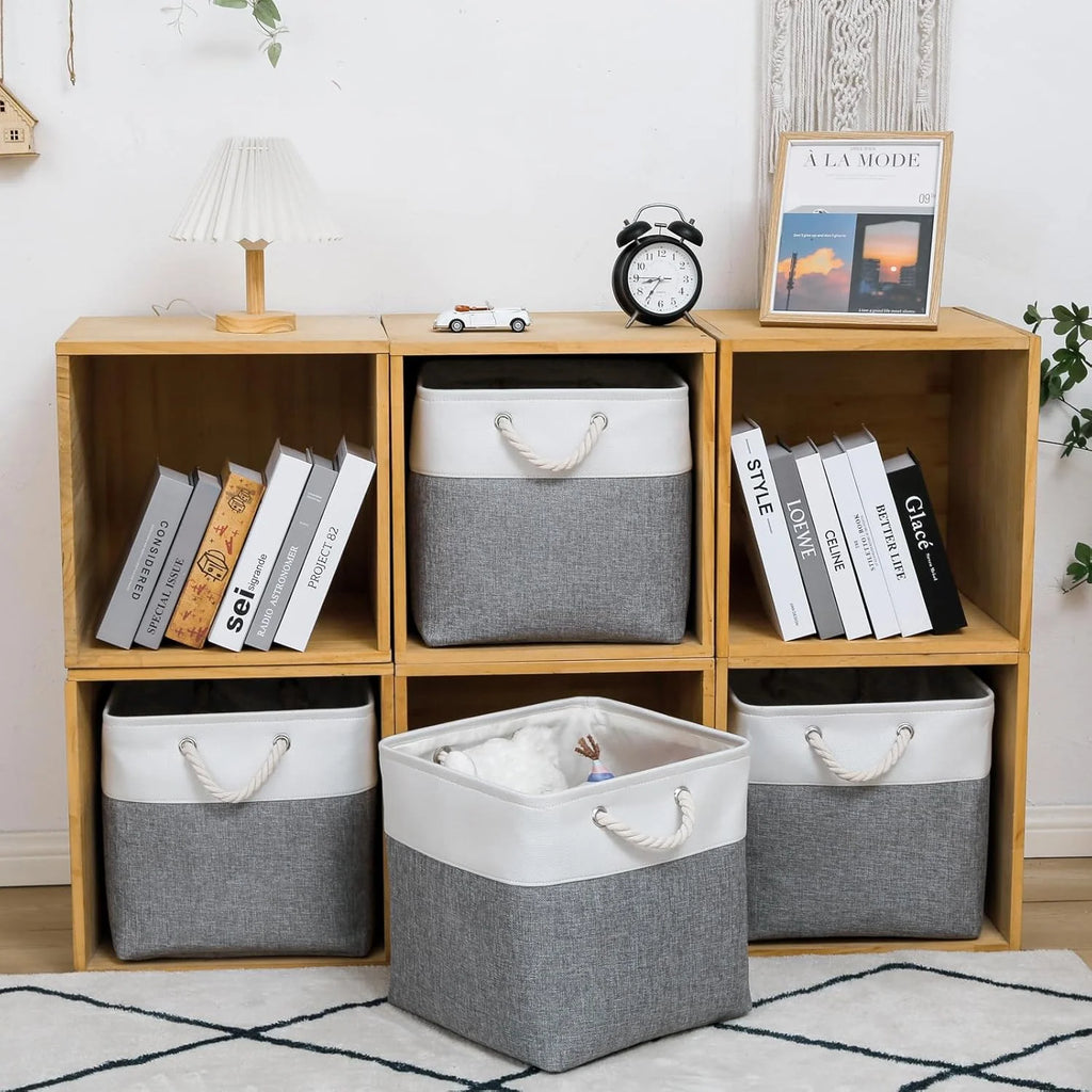 13 x 13 Inch Cube Storage Bins 6 Pack Extra Large Collapsible Fabric Storage Bin with Ropes Foldable Storage Cubes for Home (White &amp; Beige-13"x13"x13")