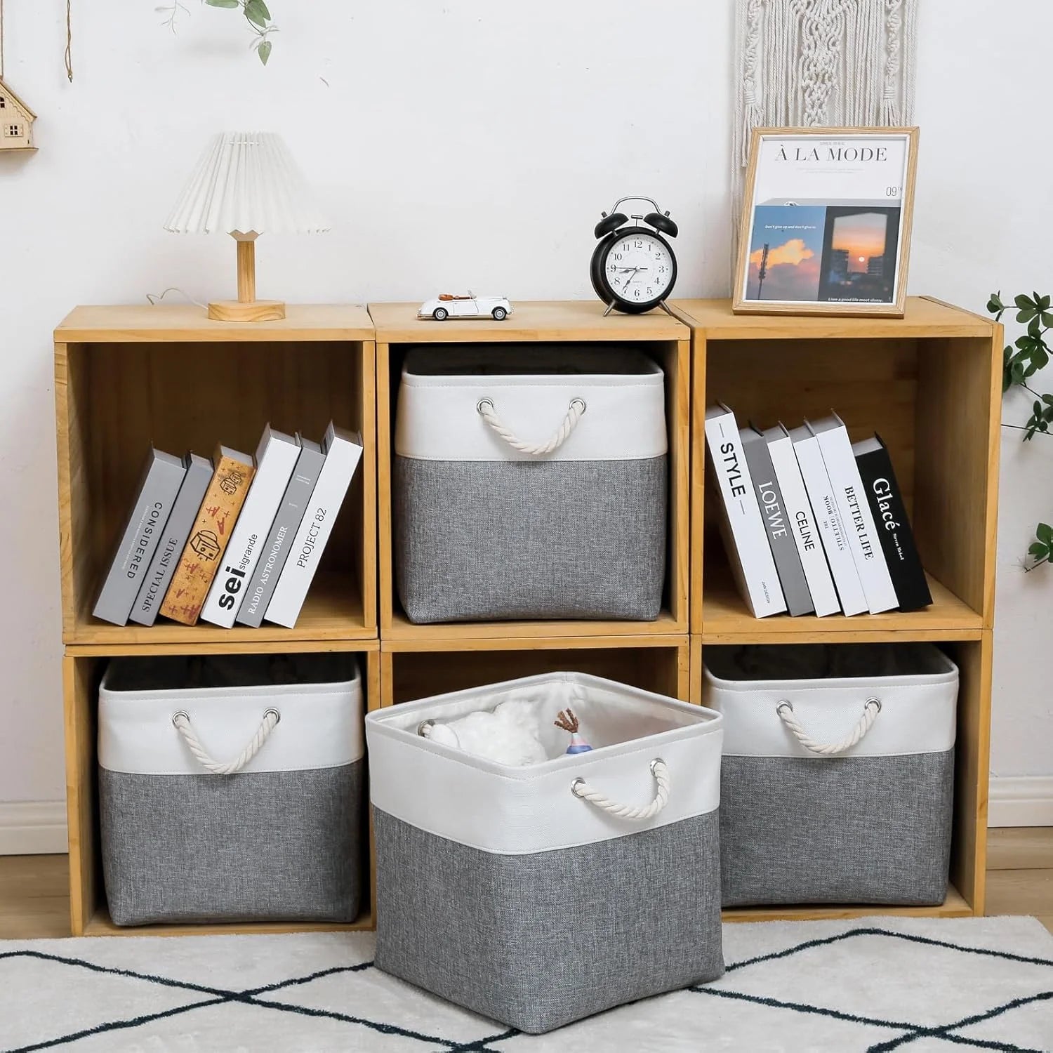 13 x 13 Inch Cube Storage Bins 6 Pack Extra Large Collapsible Fabric Storage Bin with Ropes Foldable Storage Cubes for Home (White &amp; Beige-13"x13"x13")