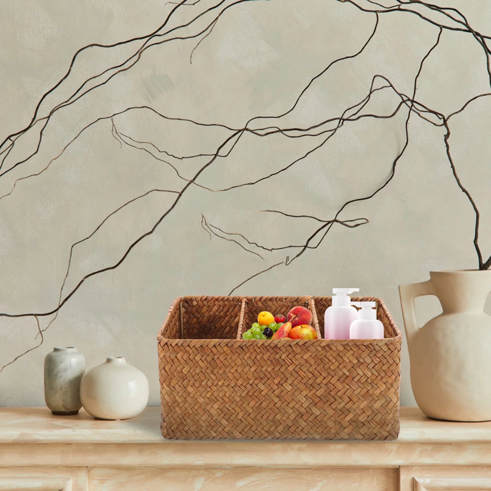Straw Desktop Storage Box Pantry Basket Bins Hamper for Shelves with Lid Chocolate