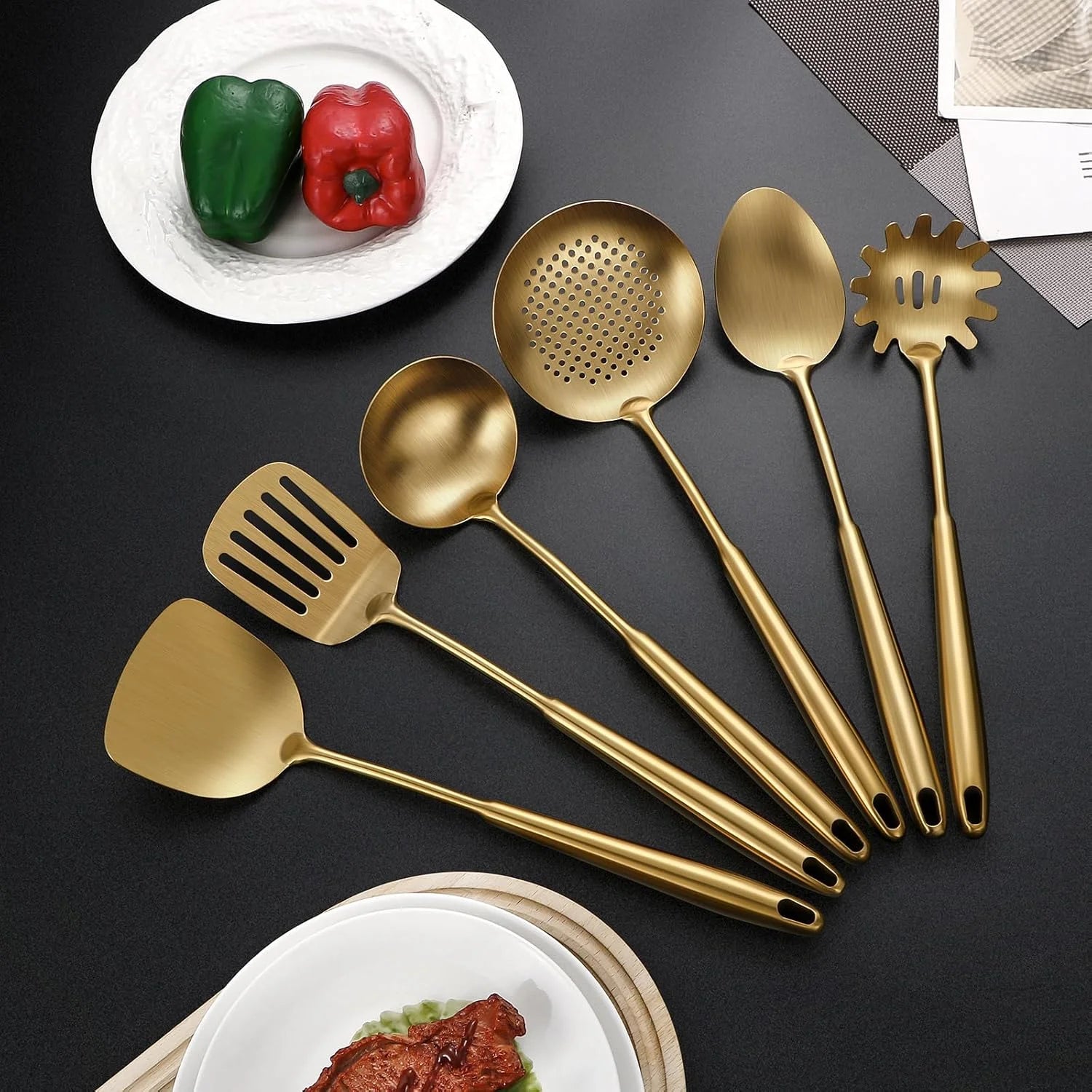 304 Stainless Steel Cooking Utensils,6 Pcs Kitchen Cooking Utensils Set with Spatula Solid Spoon Ladle Skimmer Spaghetti Spoon,Dishwasher Safe(Gold)