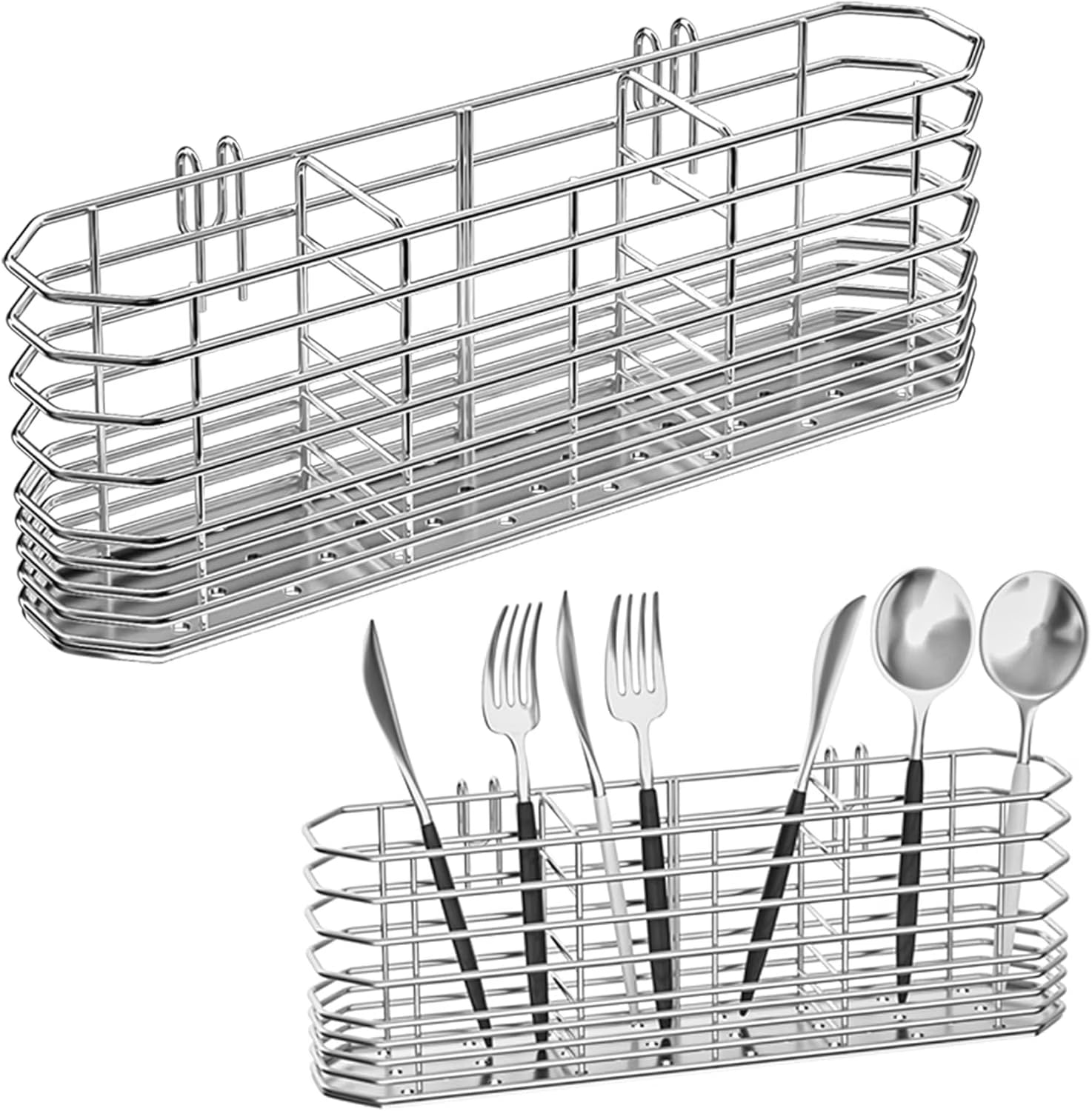 304 Stainless Steel Utensil Holder Dish Drying Rack kitchen Utensil Organizer Knife and Fork Drainage Rack Kitchen Drainage Basket Accessories With Hooks Rust Proof Color-Silver
