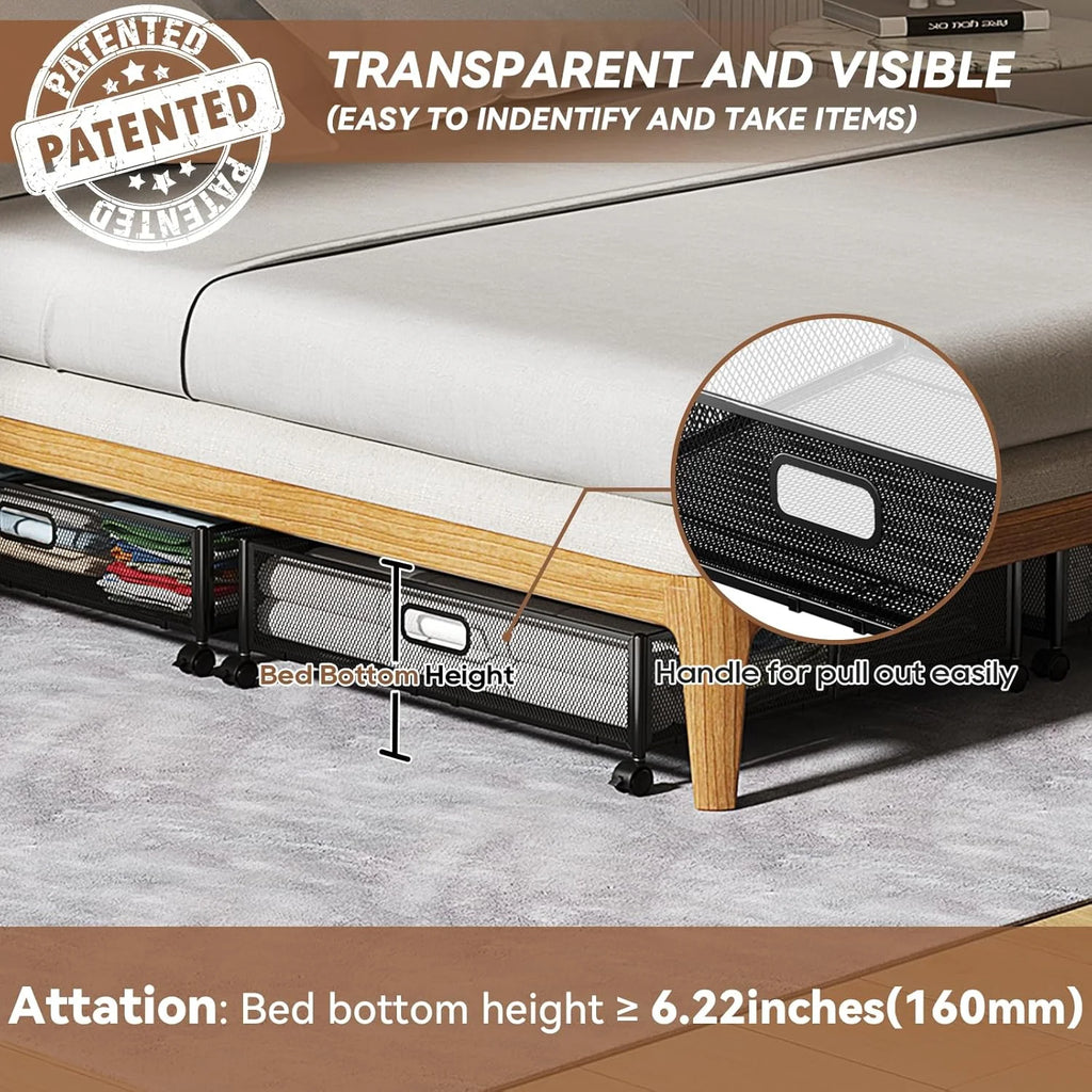 Under Bed Storage Containers with Wheels - Shoe Storage Organizer Drawer Tool-free Assembly Metal Underbed Storage for Bedroom Clothes Shoes Blankets - 2Pack
