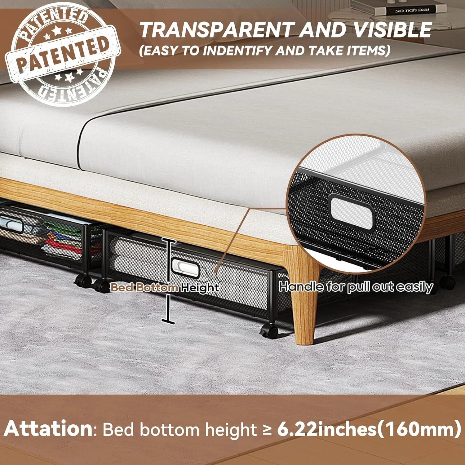 Under Bed Storage Containers with Wheels - Shoe Storage Organizer Drawer Tool-free Assembly Metal Underbed Storage for Bedroom Clothes Shoes Blankets - 2Pack