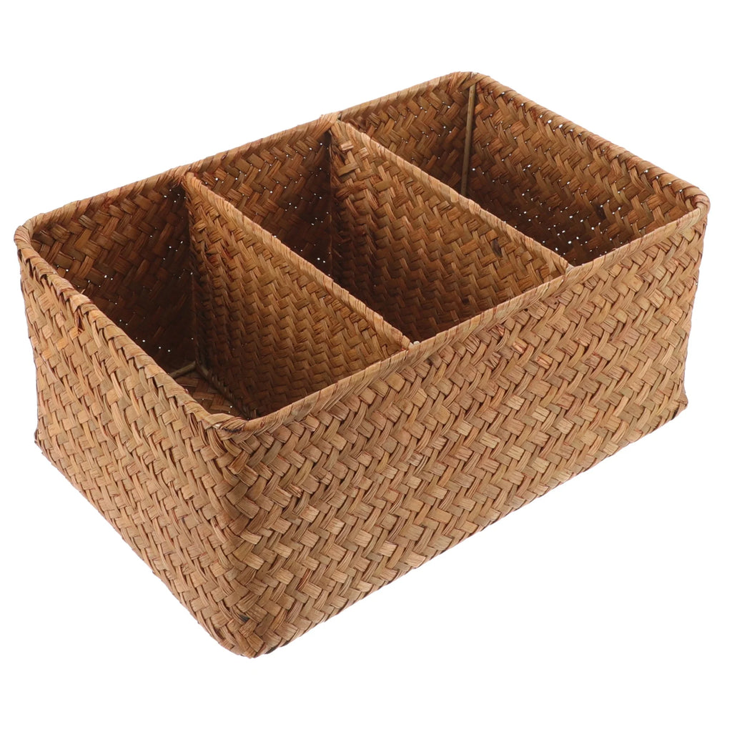 Straw Desktop Storage Box Pantry Basket Bins Hamper for Shelves with Lid Chocolate