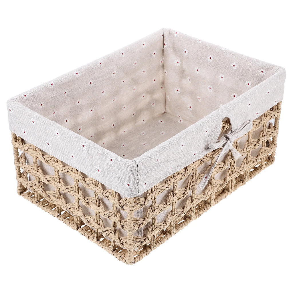 Rustic Storage Bins Grass Basket Cube Boxes with Lids Fabric Toy Sundries