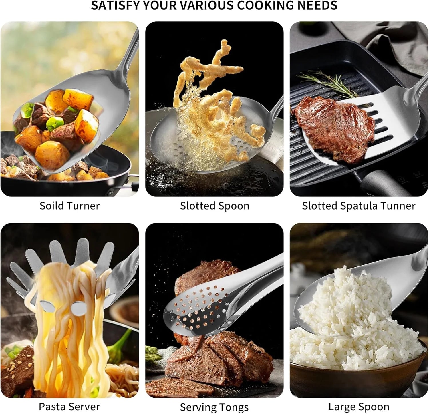 304 Stainless Steel Cooking Utensils,6 Pcs Kitchen Cooking Utensils Set with Spatula Solid Spoon Ladle Skimmer Spaghetti Spoon,Dishwasher Safe