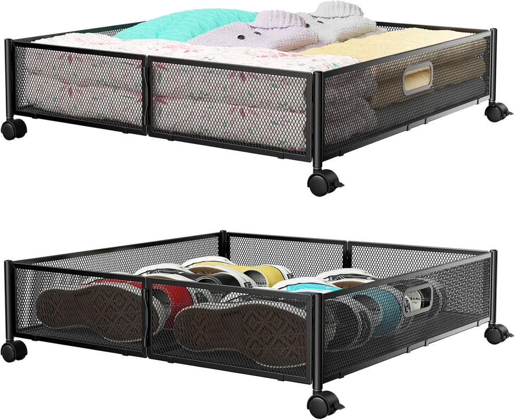 Under Bed Storage Containers with Wheels - Shoe Storage Organizer Drawer Tool-free Assembly Metal Underbed Storage for Bedroom Clothes Shoes Blankets - 2Pack