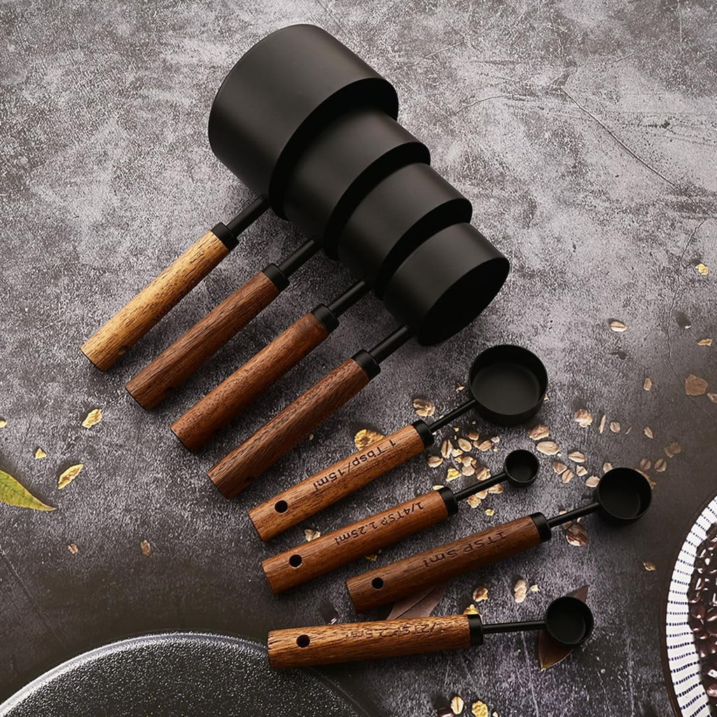 8 pieces Black Measuring Cups Set and Measuring Spoons Set with Scale Wooden Handle Stainless Steel Dry &amp; Liquid Measuring Cup for Cooking Baking