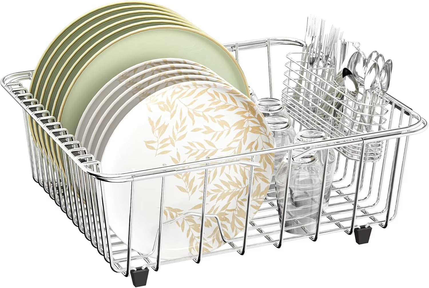 Dish Drying Rack in-Sink 304 Stainless Steel Dish Drainer with Stainless Steel Silverware Holder Over Inside Sink-Adjustable