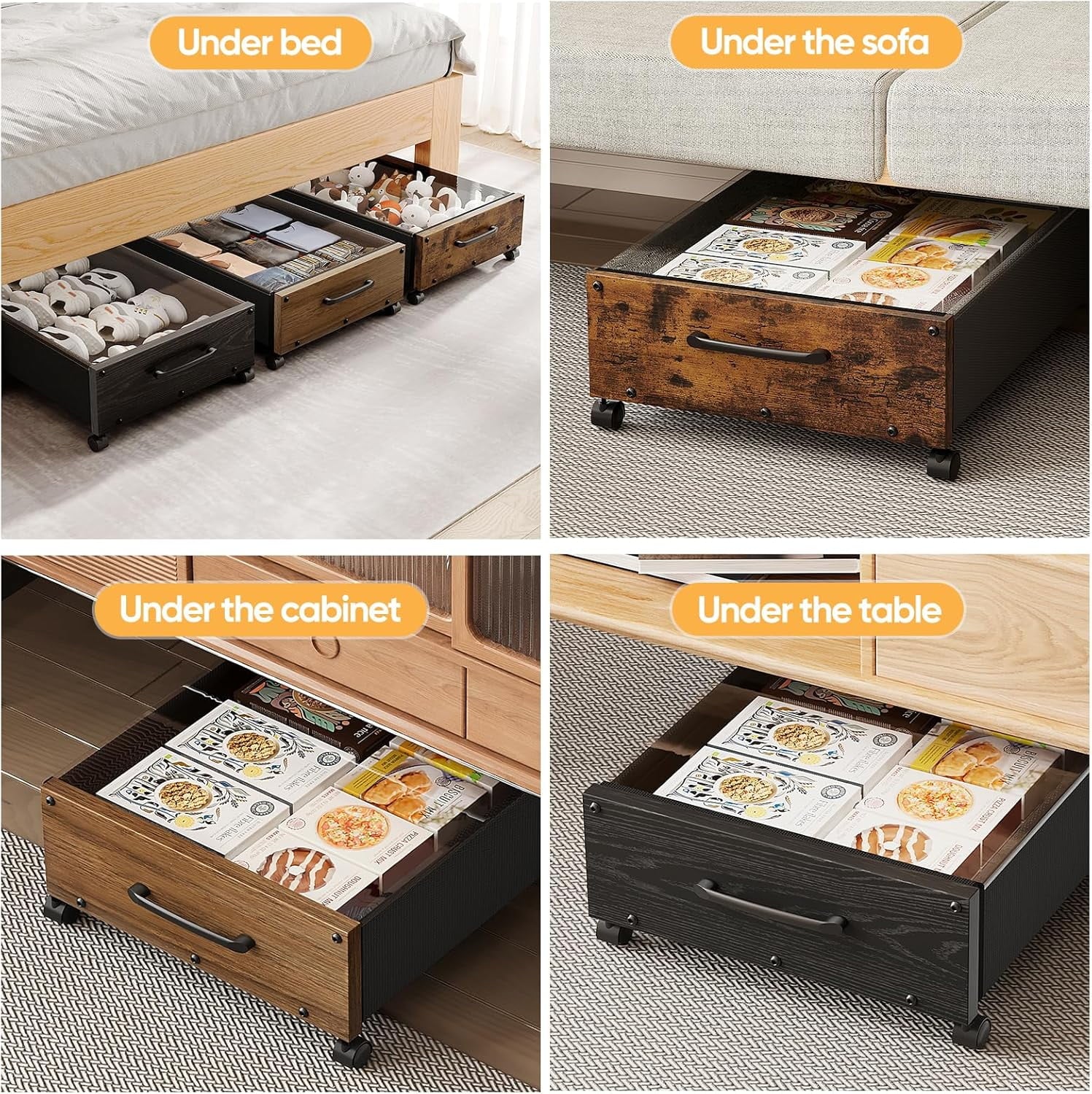 Wooden Under Bed Storage with Wheels Rolling Under the Bed Storage Bins with Removable Lid Metal Under Bed Drawers for Clothes and Shoes in Bedroom or Living Room(Black Wood-2pack)