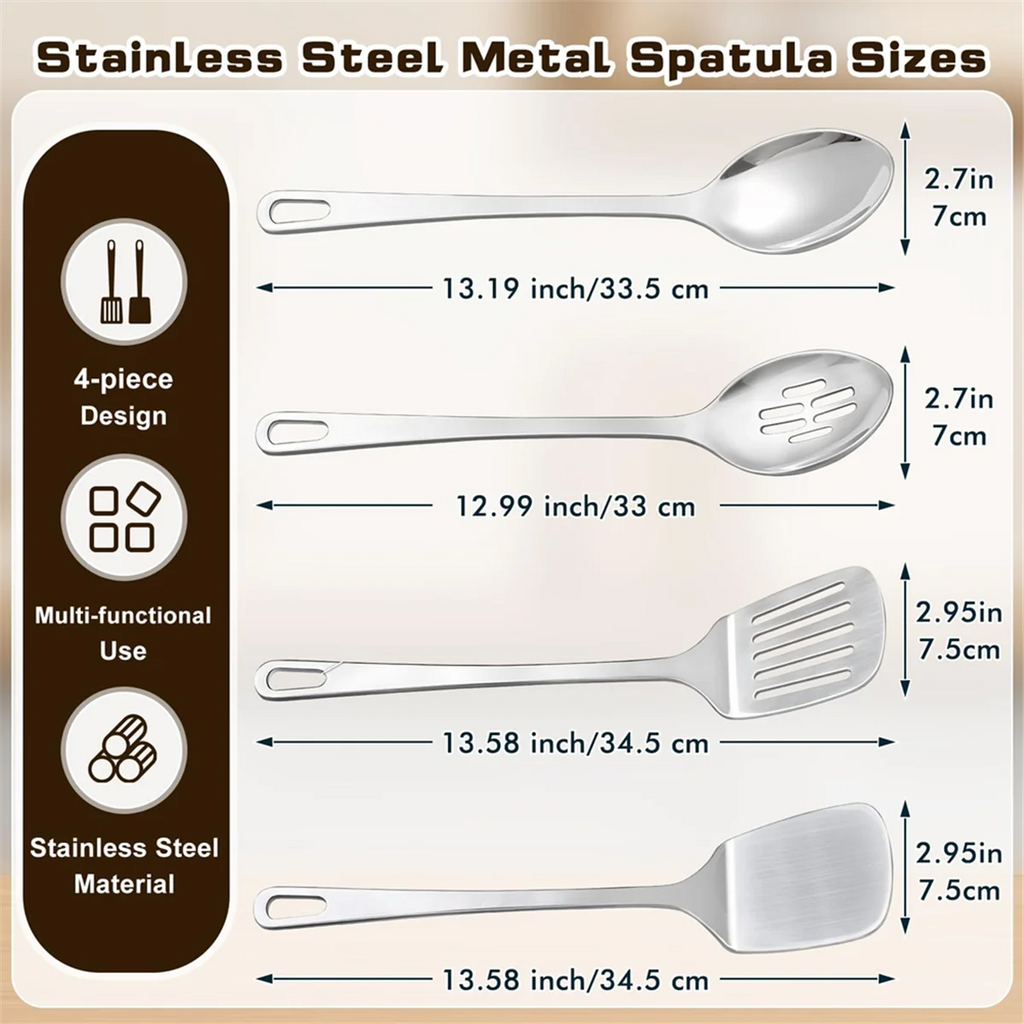 4 Pcs Cooking Utensils Set Stainless Steel Kitchen Utensils,Kitchen Tools Include Wok Spatula Serving Spoon,1 set * spatula set,Silver