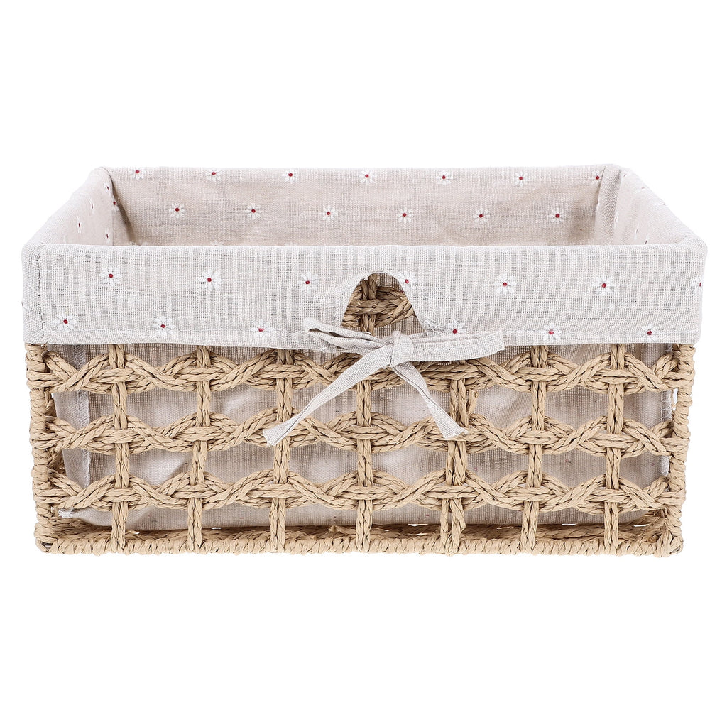 Rustic Storage Bins Grass Basket Cube Boxes with Lids Fabric Toy Sundries