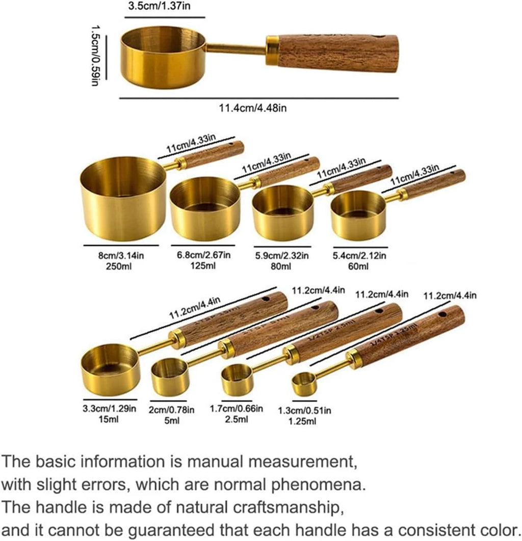 8 pieces Golden Measuring Cups Set and Measuring Spoons Set with Scale Wooden Handle Stainless Steel Dry &amp; Liquid Measuring Cup for Cooking Baking