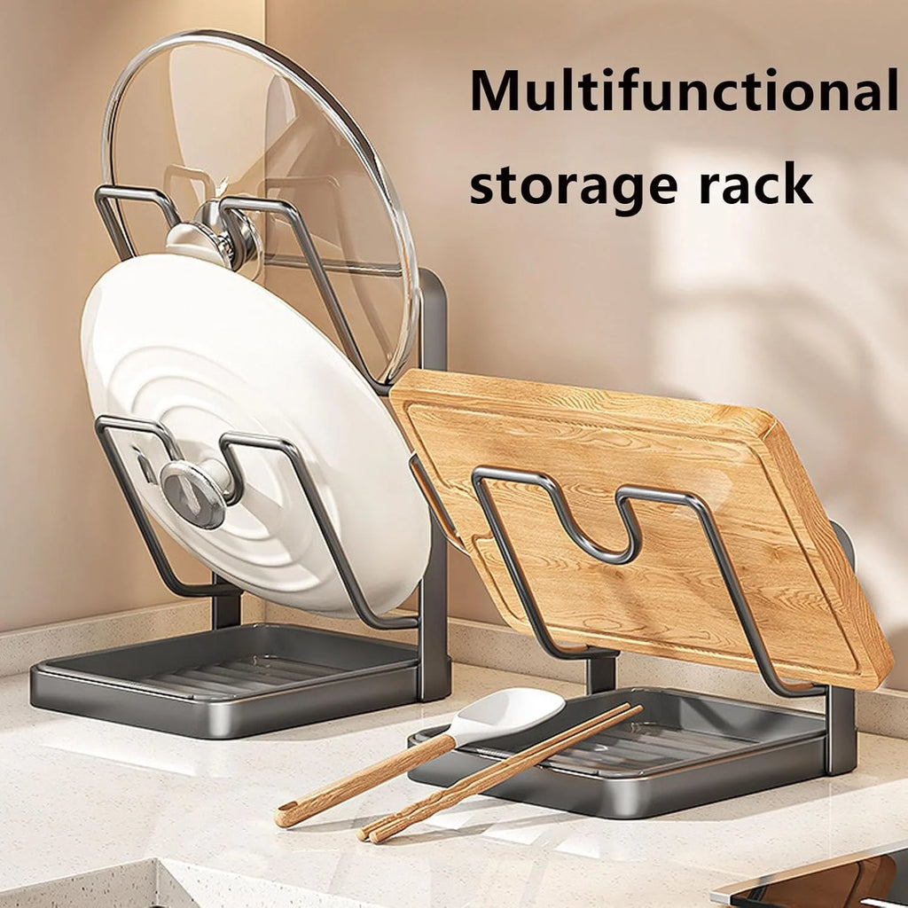 Kitchen Pot Lid Storage Rack 304 Stainless Steel Pot Lid Holder While Cooking Multifunctional Kitchen Pot Cover Organizer for Countertop With Removable Drip Tray