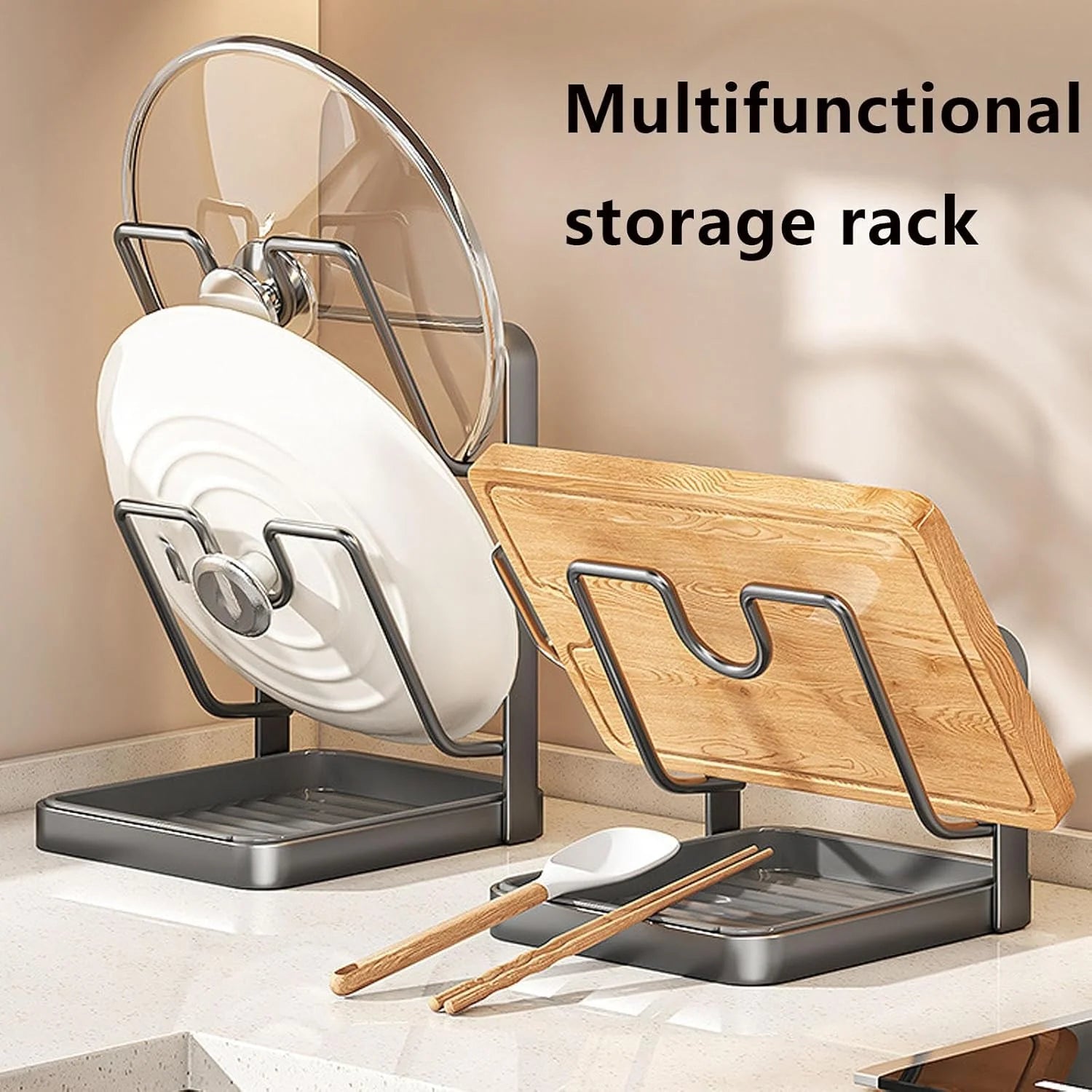 Kitchen Pot Lid Storage Rack 304 Stainless Steel Pot Lid Holder While Cooking Multifunctional Kitchen Pot Cover Organizer for Countertop With Removable Drip Tray