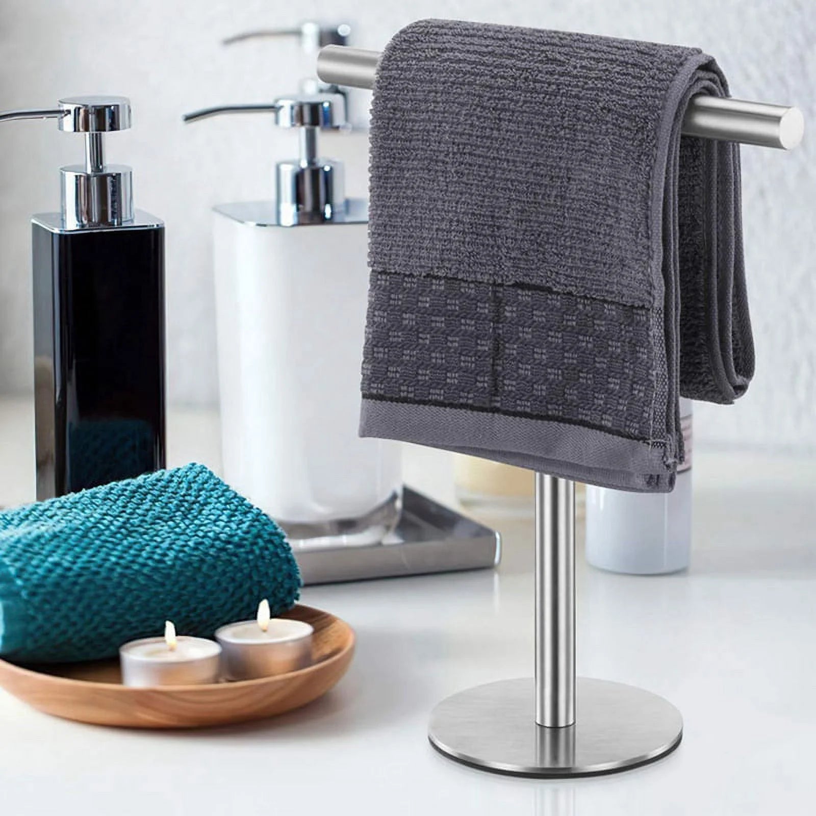 Brushed Standing Towel Rack Heavy Duty Base Stainless Steel T-Shaped Hand Towel Stand for Bathroom Kitchen.