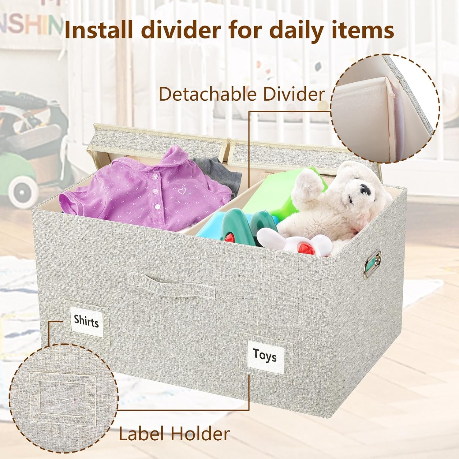 Large 17" 36 Quart Collapsible Stackable Storage Bins with Lids 3 Packs White Linen Fabric Closet Boxes with Lids Storage Cube Baskets Container Organizers for Bedroom Office(17 x12 x11)
