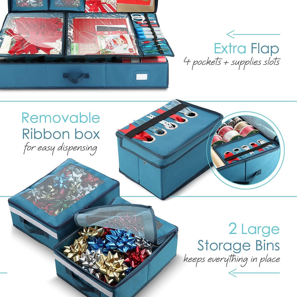 Wrapping Paper Storage Container with Ribbon Dispenser and Interior Pockets - Large Christmas Storage Containers with Wheels Fits 30 Rolls of 40" Length Blue