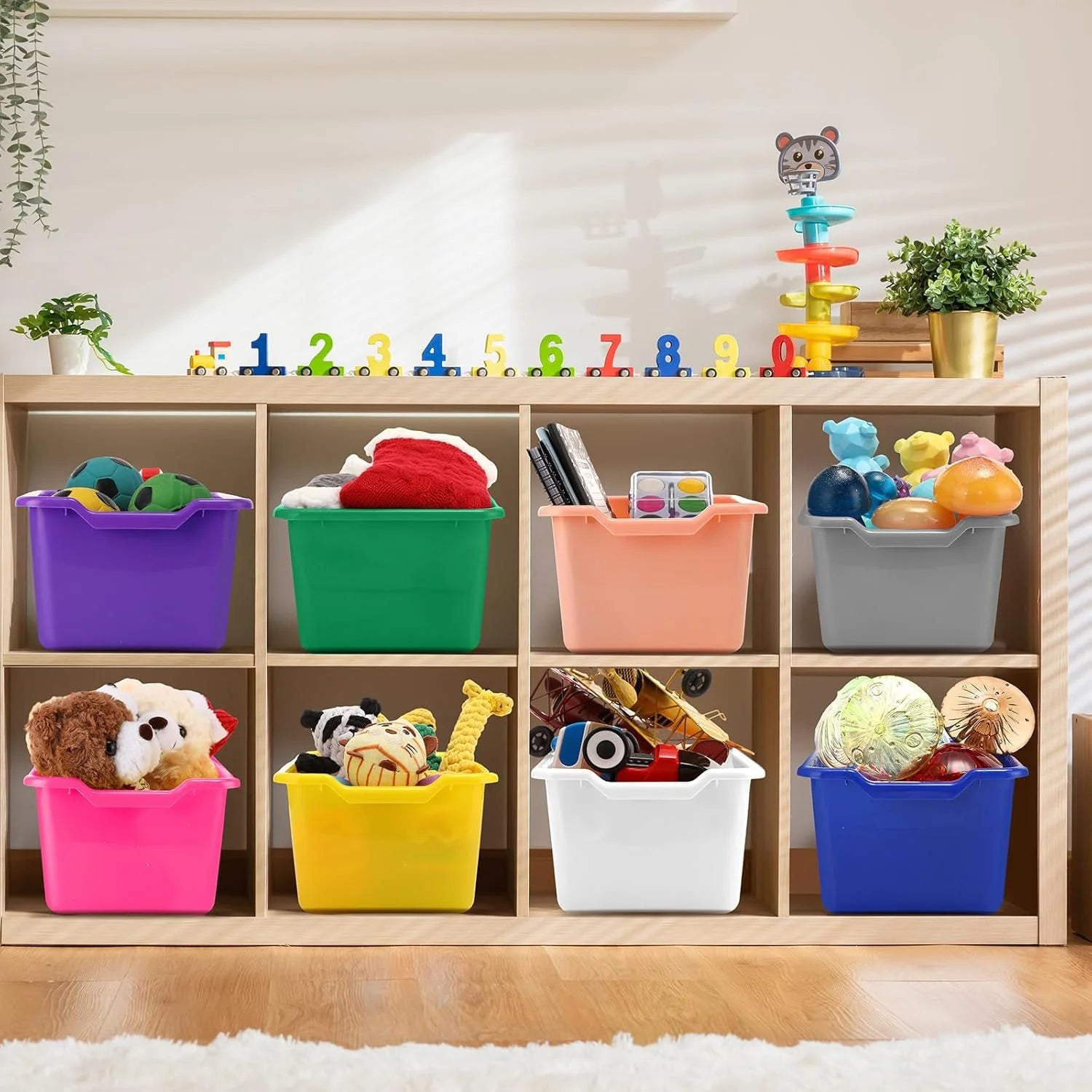 24 Pcs Plastic Cubby Bins Classroom Cubby Organization Book Bins for Classroom Bulk Toy Storage Baskets Stackable Assorted Colors Storage Containers for Home Office School Nursery Playroom