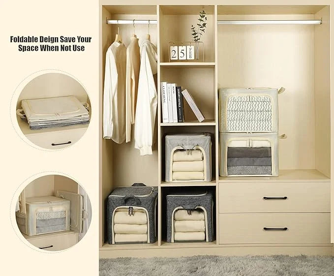 3 Openings Clothes Storage Bins with Metal Frame Foldable Storage Bin for Clothes Clothing Storage Bins with Lid Linen Storage Box With Clear Window＆ Zippers＆ Durable Handles.(3 Pcs,Beige,40L)