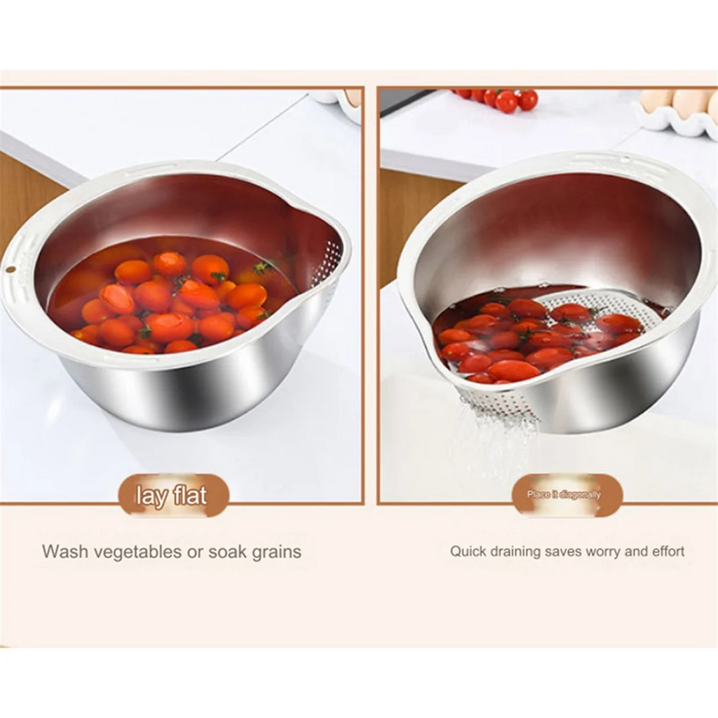 Rice Washer Strainer Bowl Stainless Steel Washing Colander Fruit and Vegetable Kitchen Tool A