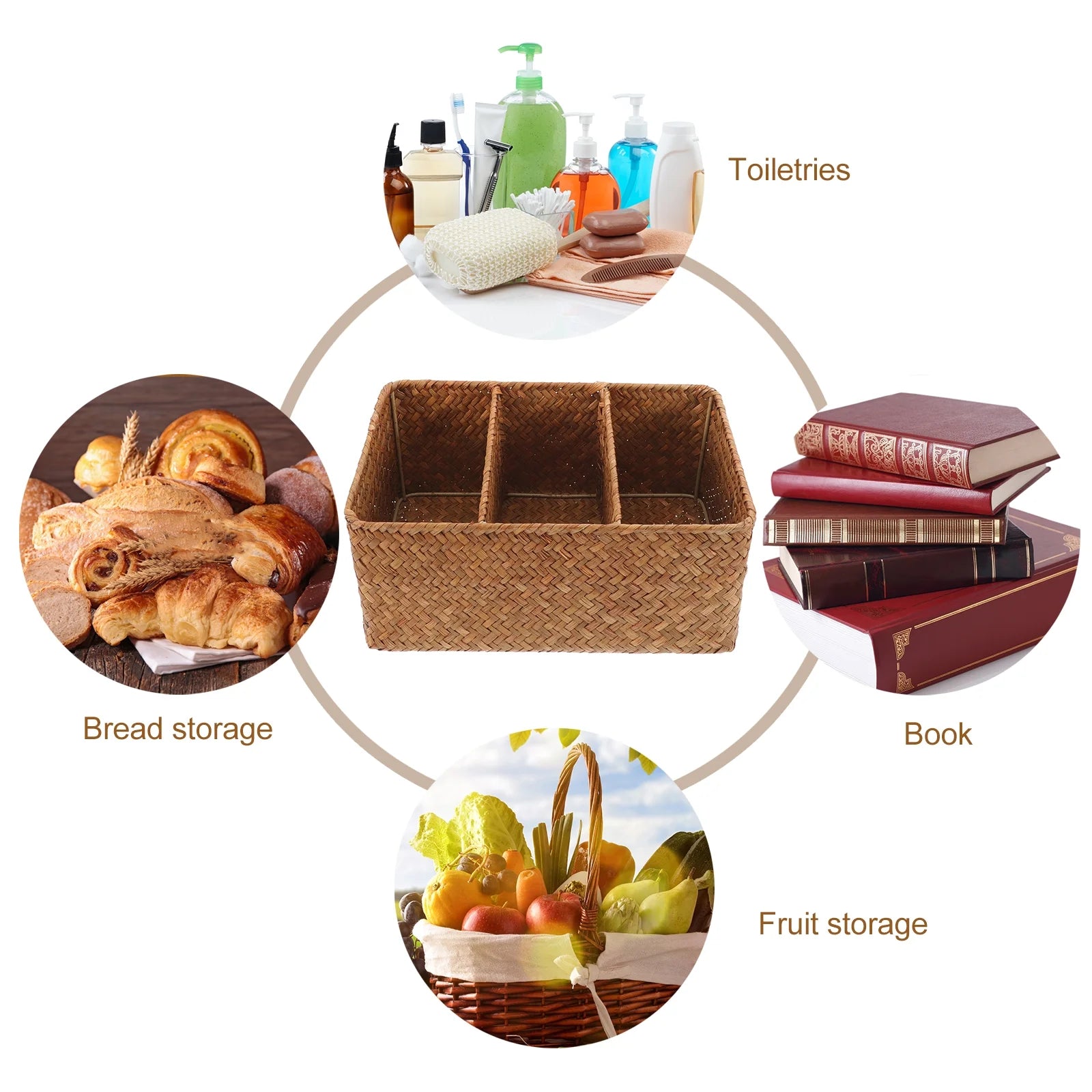 Straw Desktop Storage Box Pantry Basket Bins Hamper for Shelves with Lid Chocolate