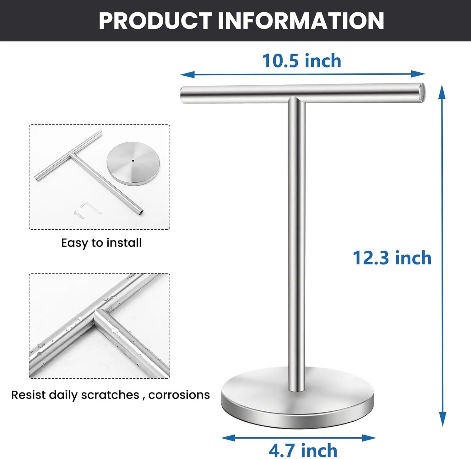 T-Shape Bath Hand Towel Holder Stand Stainless Steel Free Standing Hand Towel Rack with Heavy Base for Bathroom Kitchen &amp; Countertop Matte Black