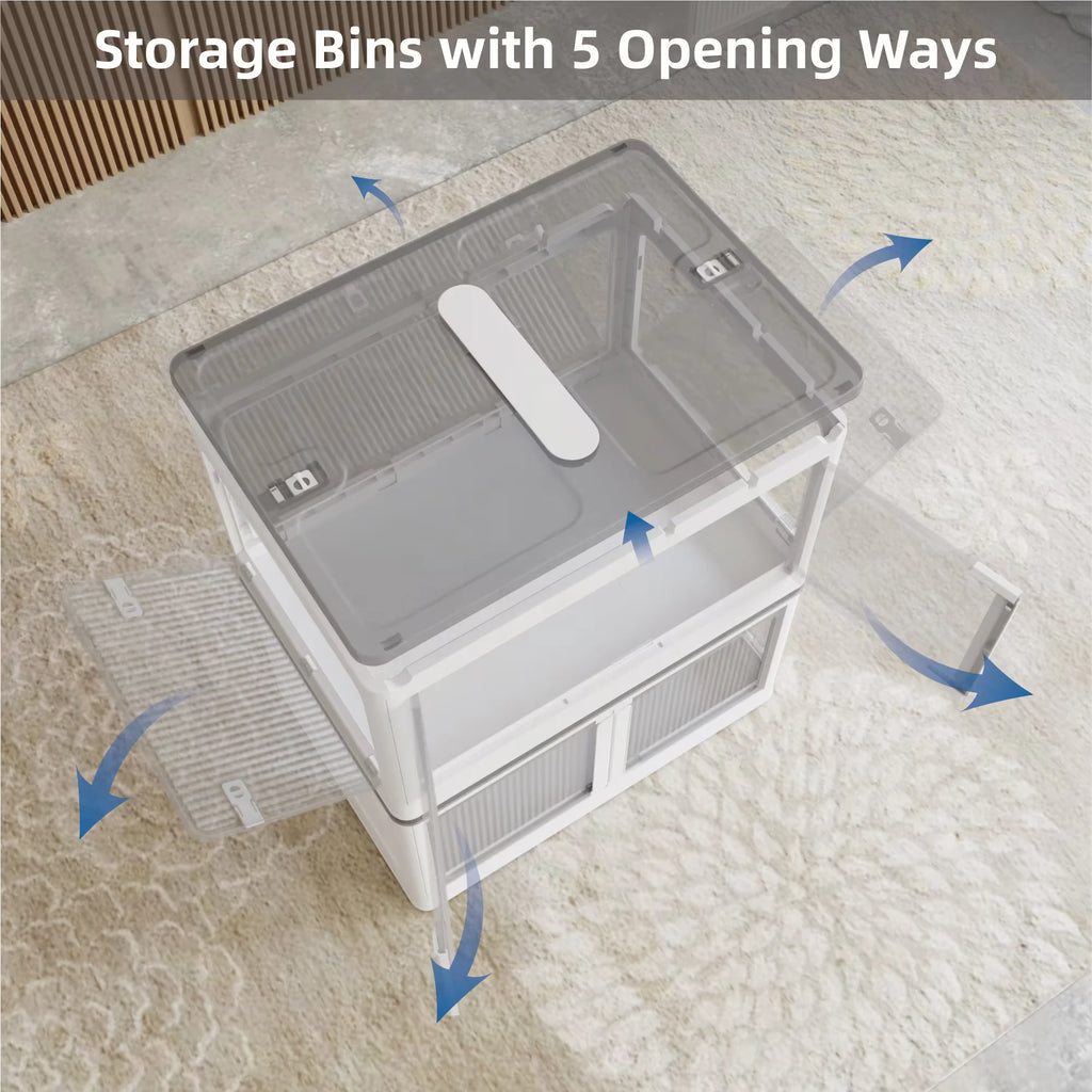 384QT 3-Pack Transparent Stackable Storage Bins with 5 Doors to Open with Wheels Folding Plastic Craft Containers Large Closet Organizers Box for Bedrooms Living Rooms Study Kids' Toys White