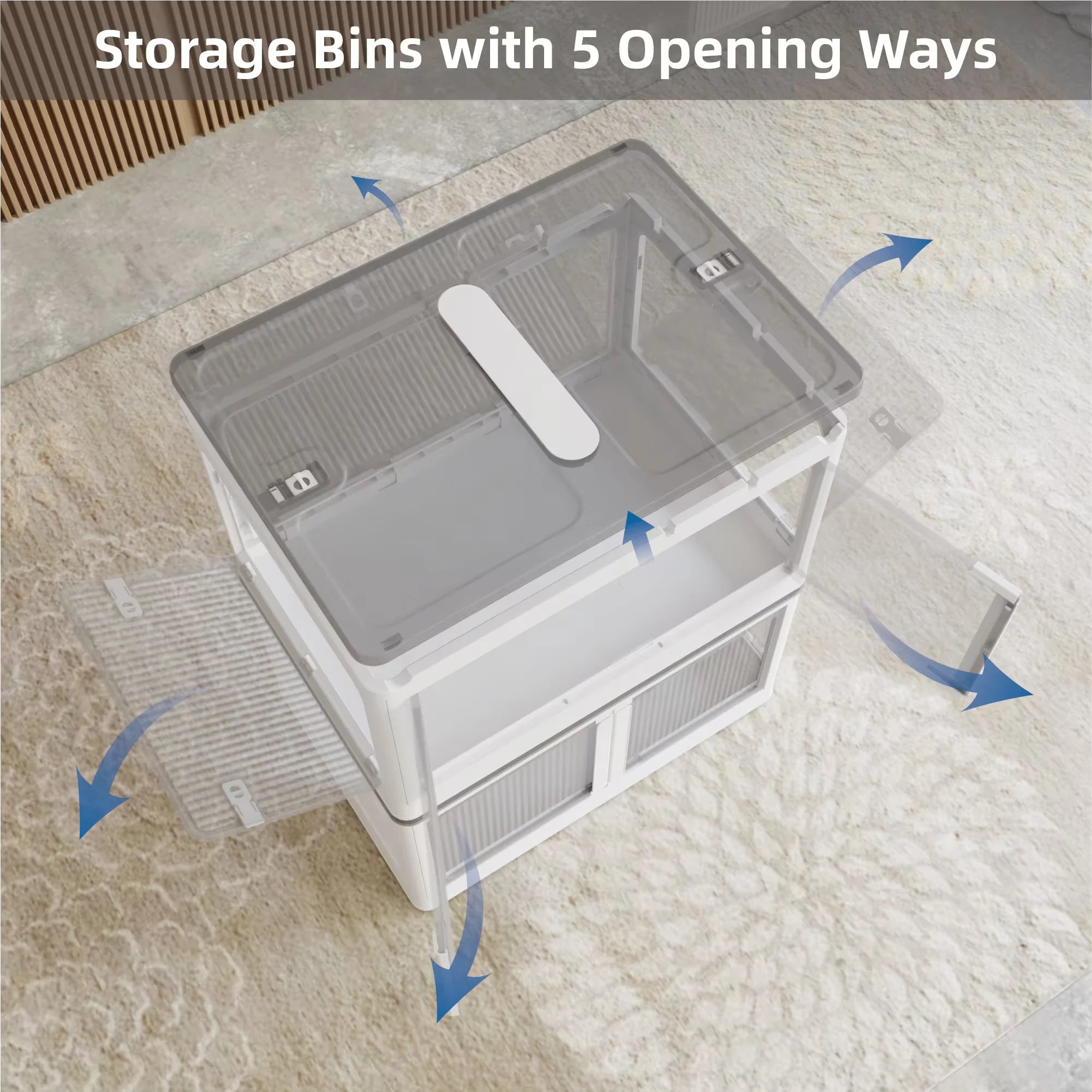 384QT 3-Pack Transparent Stackable Storage Bins with 5 Doors to Open with Wheels Folding Plastic Craft Containers Large Closet Organizers Box for Bedrooms Living Rooms Study Kids' Toys White