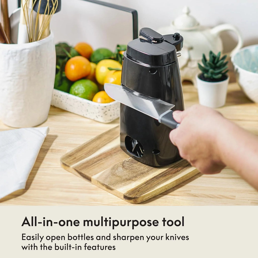 Electric Can Opener and Knife Sharpener Multifunctional Jar and Bottle Opener with Removable Cutting Lever and Cord Storage Stainless Steel Blade