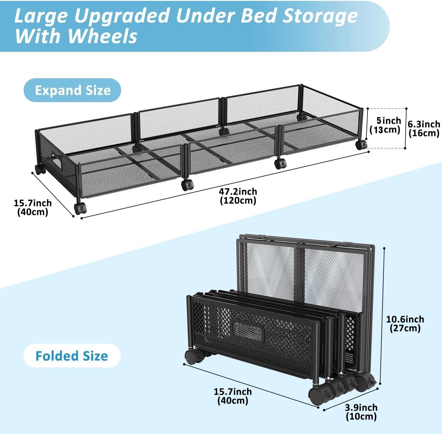 47.2'' Long Under Bed Storage on Wheels 57.6L Large Capacity Rolling Under the Bed Storage Containers Tool-Free Assembly Foldable Underbed Shoes Clothes Toy Drawers
