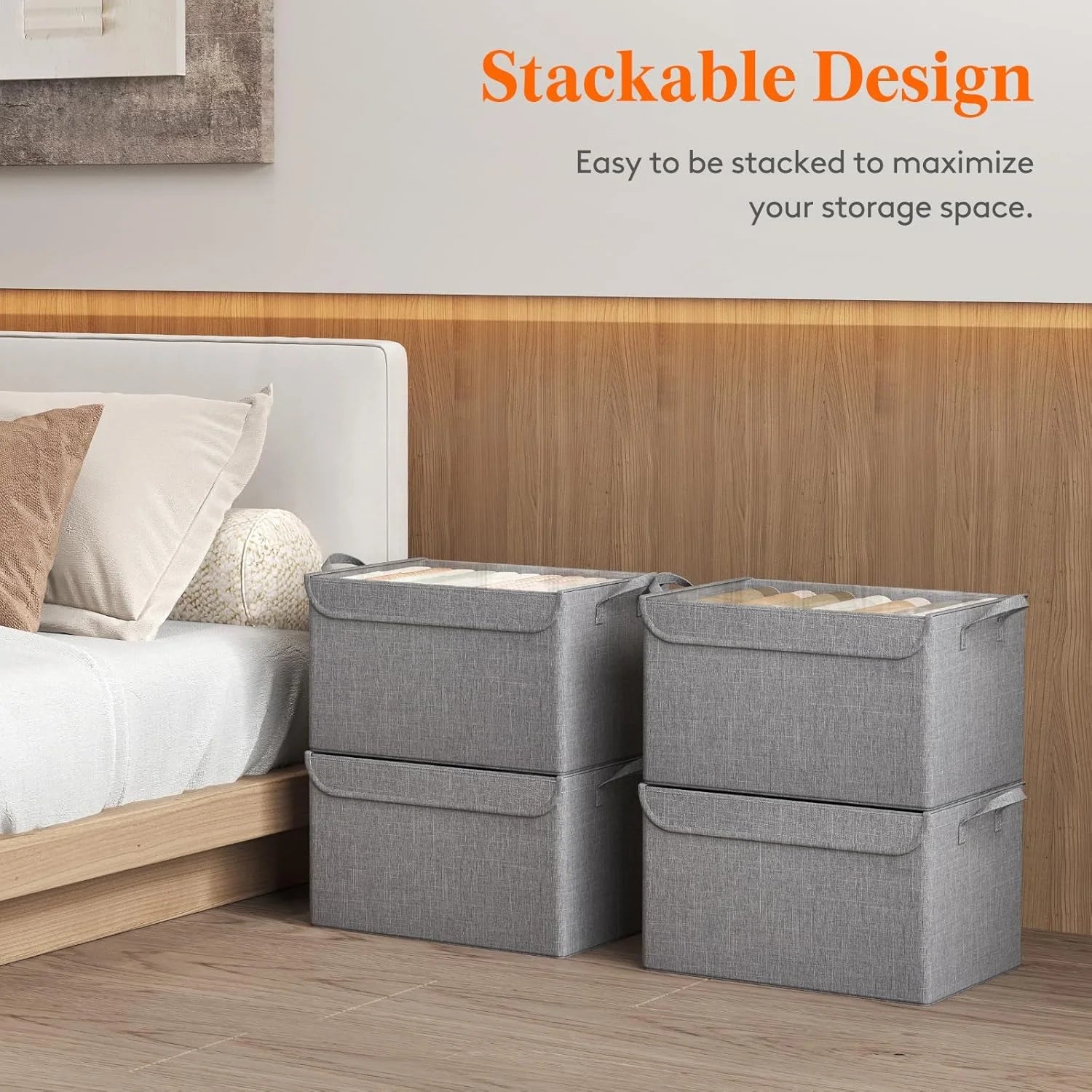 Fabric Storage Boxes 6 Pcs Stackable Storage Bins with Clear Lids Foldable Oxford Cloth Cube Closet Organizer Baskets Clothes Containers for Towels Blankets Books Light Grey-Large