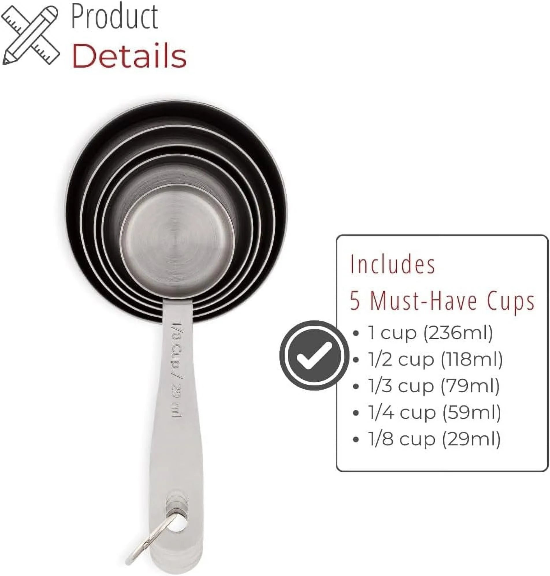 Stainless Steel Measuring Cups Heavy-Duty 5-Piece Set with Storage Ring – Kitchen Measuring Tools