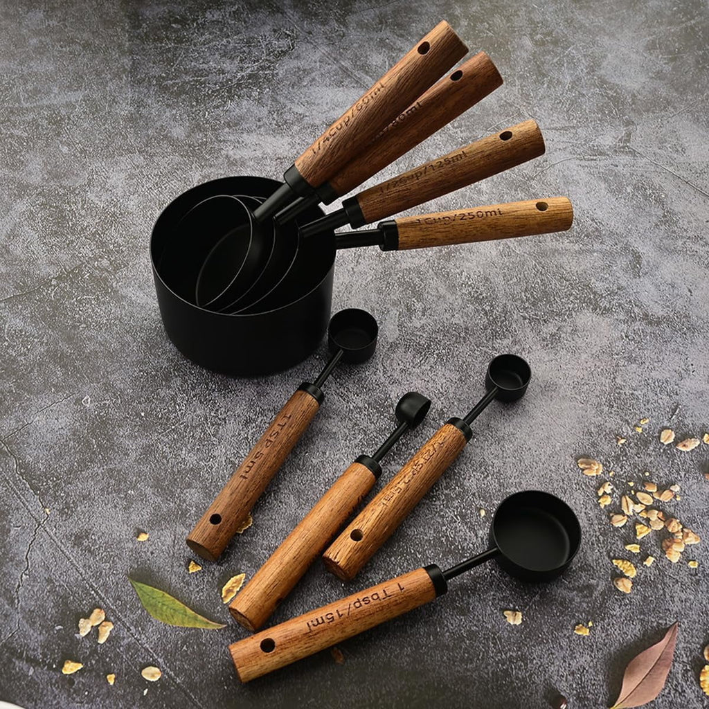 8 pieces Golden Measuring Cups Set and Measuring Spoons Set with Scale Wooden Handle Stainless Steel Dry &amp; Liquid Measuring Cup for Cooking Baking